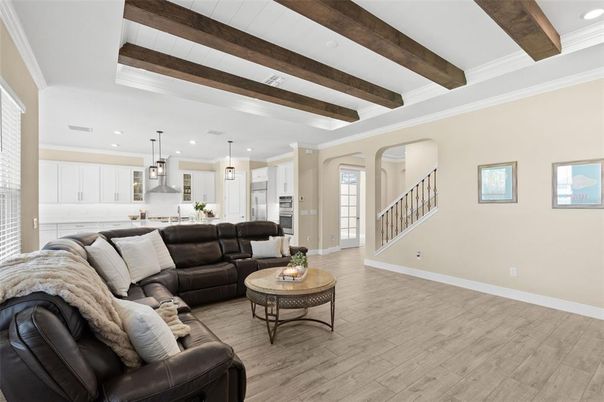 Interior, Kitchen, Living room, Pendant Lights, Recessed Lighting, Wooden Beams, Wood Texture Flooring