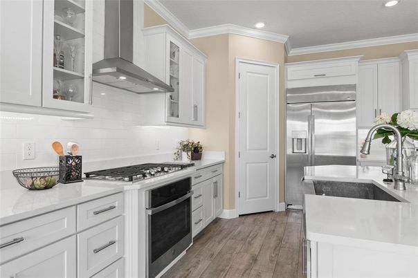 Interior, Kitchen, Recessed Lighting, Stainless Steel Appliances, Wood Texture Flooring