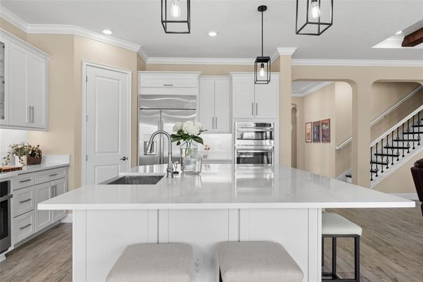 Interior, Kitchen, Pendant Lights, Recessed Lighting, Stainless Steel Appliances, Wood Texture Flooring