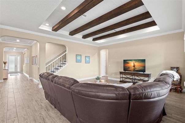 Interior, Living room, Recessed Lighting, Wooden Beams, Wood Texture Flooring
