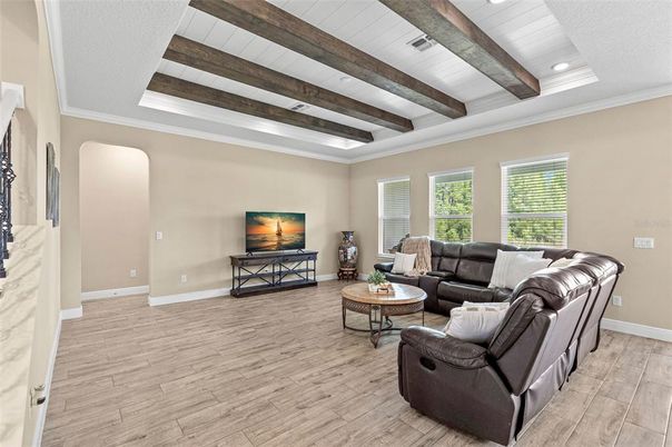 Interior, Living room, Recessed Lighting, Wooden Beams, Wood Texture Flooring