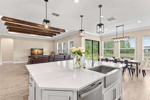 Dining room, Interior, Kitchen, Living room, Pendant Lights, Recessed Lighting, Wooden Beams, Wood Texture Flooring