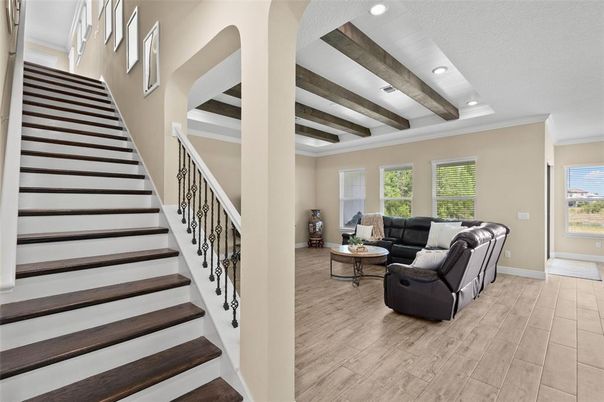 Interior, Living room, Recessed Lighting, Wooden Beams, Wood Texture Flooring