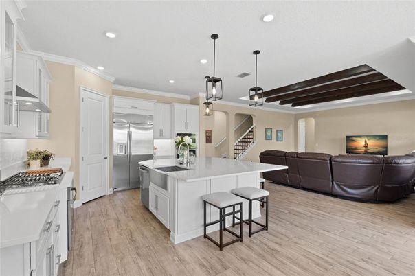 Interior, Kitchen, Living room, Pendant Lights, Recessed Lighting, Stainless Steel Appliances, Wood Texture Flooring