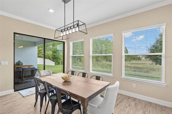 Dining room, Interior, Pendant Lights, Recessed Lighting, Wood Texture Flooring
