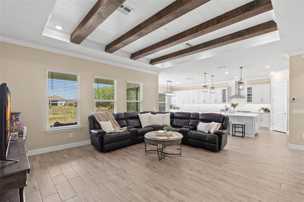 Interior, Kitchen, Living room, Pendant Lights, Recessed Lighting, Wooden Beams, Wood Texture Flooring