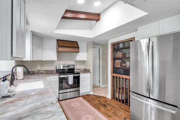 Interior, Kitchen, Recessed Lighting, Stainless Steel Appliances, Wood Texture Flooring