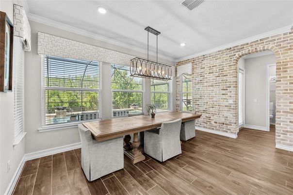 Dining room, Interior, Pendant Lights, Recessed Lighting, Stone Walls, Wood Texture Flooring