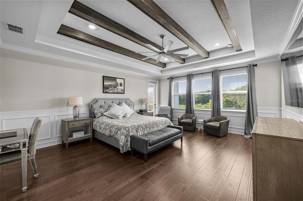 Bedroom, Interior, Recessed Lighting, Wooden Beams, Wood Texture Flooring