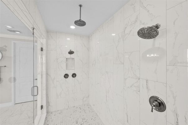 Bathroom, Glass Shower, Interior, Marble, Marble Walls, Recessed Lighting