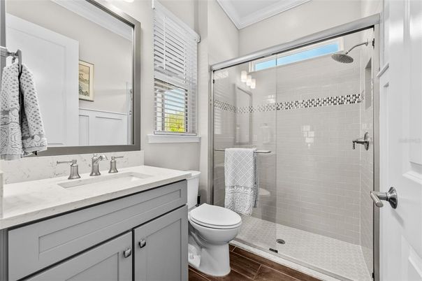 Bathroom, Glass Shower, Interior, Wood Texture Flooring