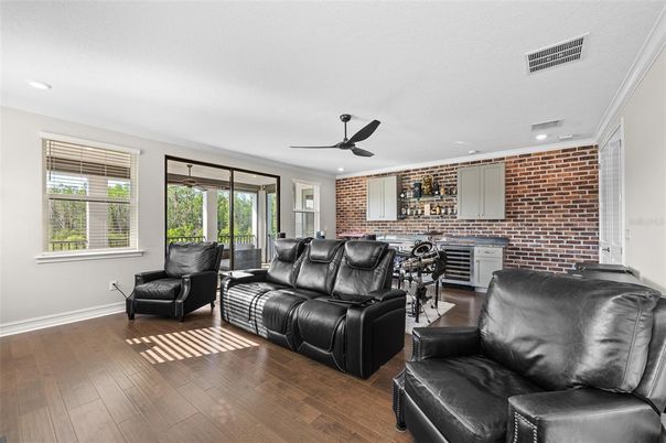 Interior, Living room, Recessed Lighting, Stone Walls, Wood Texture Flooring