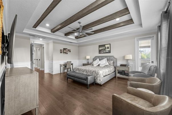Bedroom, Interior, Recessed Lighting, Wooden Beams, Wood Texture Flooring