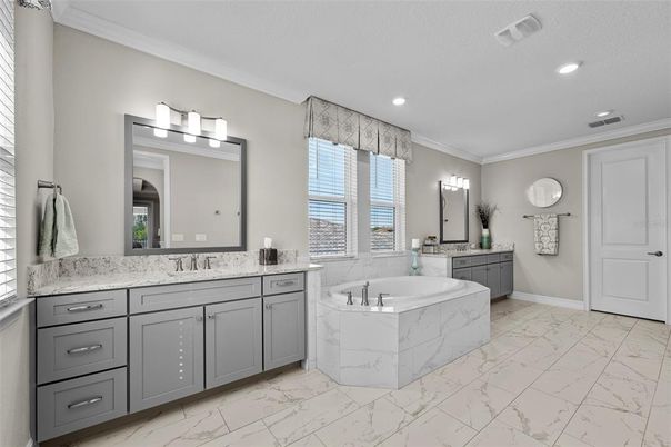 Bathroom, Dual Sink Vanities, Interior, Marble, Recessed Lighting