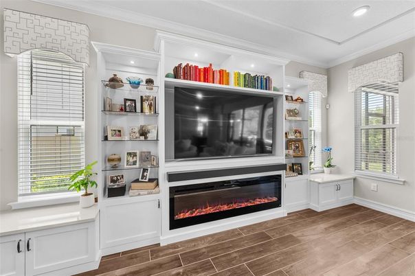 Fireplace, Interior, Recessed Lighting, Wood Texture Flooring