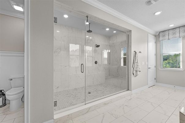Bathroom, Glass Shower, Interior, Marble, Marble Walls, Recessed Lighting