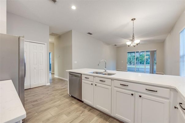 Chandelier, Interior, Kitchen, Pendant Lights, Recessed Lighting, Wood Texture Flooring