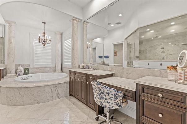 Bathroom, Chandelier, Glass Shower, Interior, Recessed Lighting