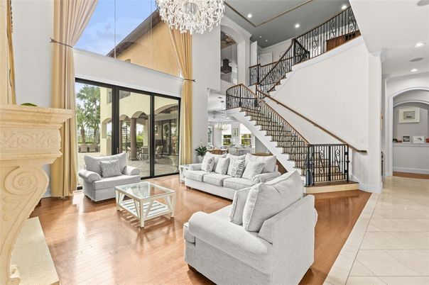 Chandelier, Interior, Living room, Recessed Lighting, Wood Texture Flooring