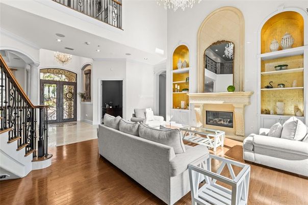 Chandelier, Fireplace, Interior, Living room, Recessed Lighting, Wood Texture Flooring