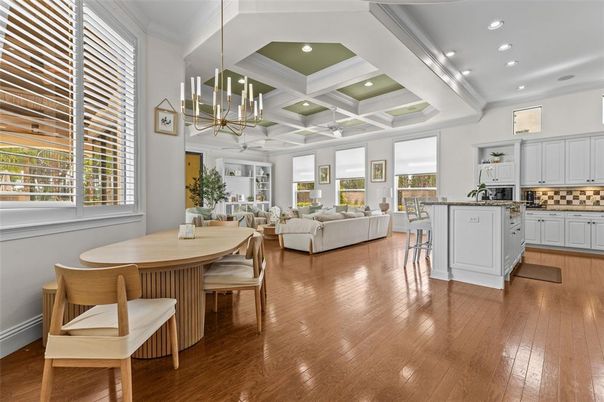 Dining room, Interior, Kitchen, Living room, Pendant Lights, Recessed Lighting, Wood Texture Flooring
