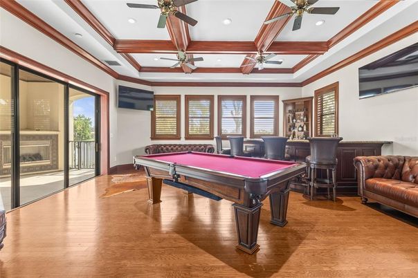 Billiard Table, Game Room, Interior, Recessed Lighting, Wood Texture Flooring