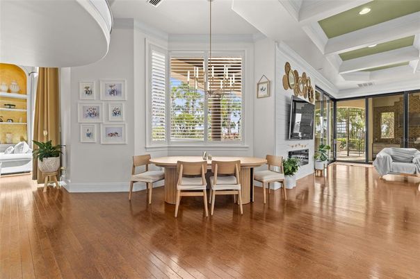 Dining room, Fireplace, Interior, Pendant Lights, Recessed Lighting, Wood Texture Flooring