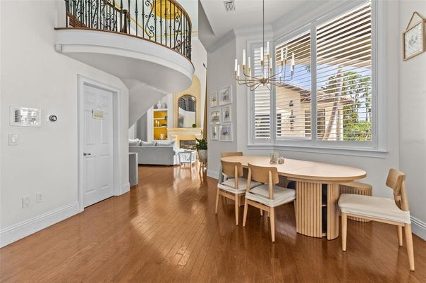 Dining room, Interior, Pendant Lights, Wood Texture Flooring