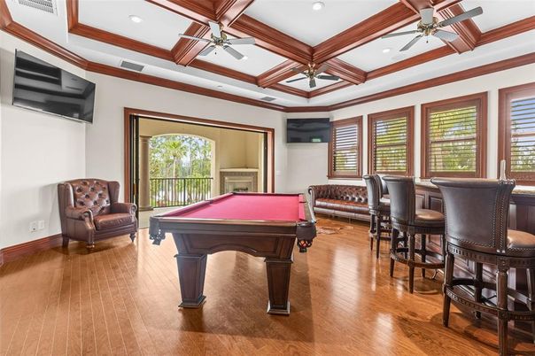 Billiard Table, Game Room, Interior, Recessed Lighting, Wooden Beams, Wood Texture Flooring