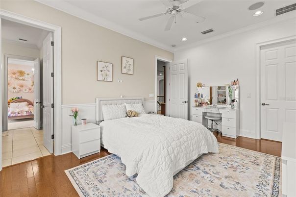 Bedroom, Interior, Recessed Lighting, Wood Texture Flooring