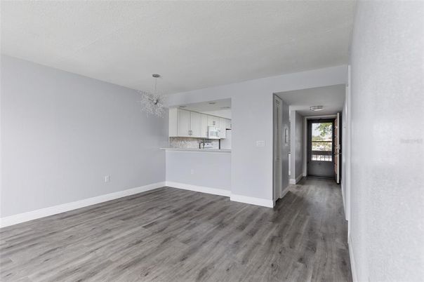 Chandelier, Empty room, Interior, Kitchen, Wood Texture Flooring