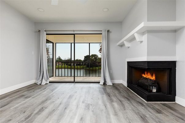 Empty room, Fireplace, Interior, Recessed Lighting, Wood Texture Flooring
