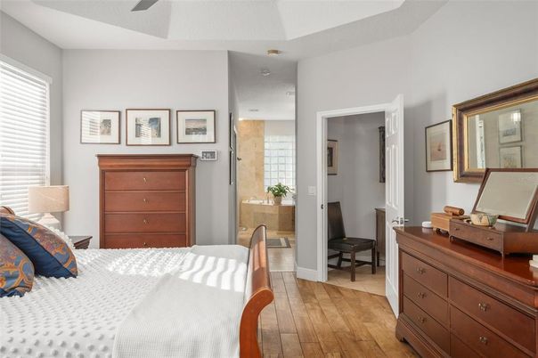 Bedroom, Interior, Recessed Lighting, Wood Texture Flooring