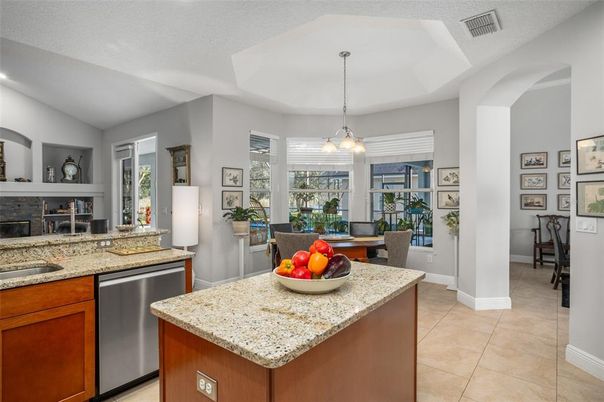 Dining room, Fireplace, Interior, Kitchen, Pendant Lights