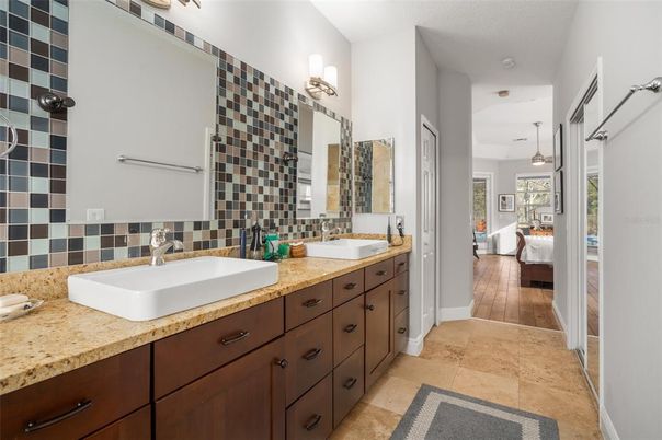 Bathroom, Dual Sink Vanities, Interior, Pendant Lights, Wood Texture Flooring