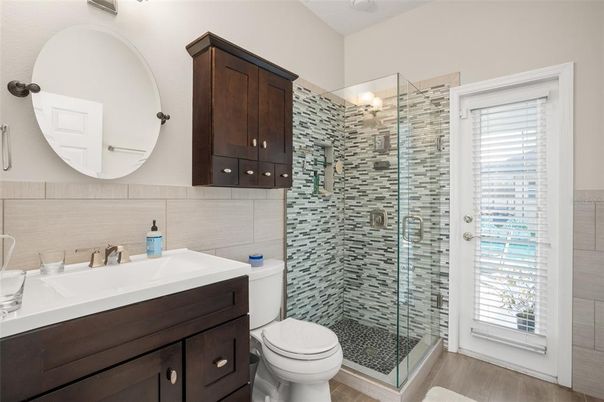 Bathroom, Glass Shower, Interior, Wood Texture Flooring