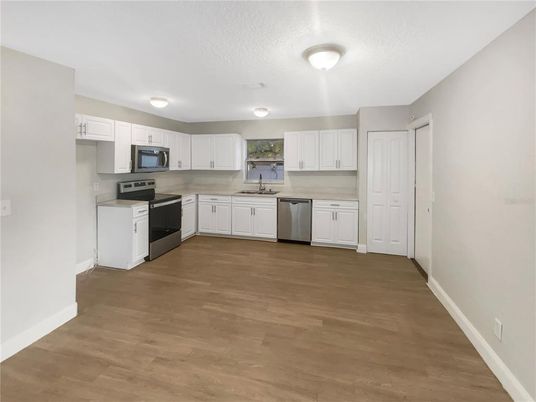 Interior, Kitchen, Stainless Steel Appliances, Wood Texture Flooring