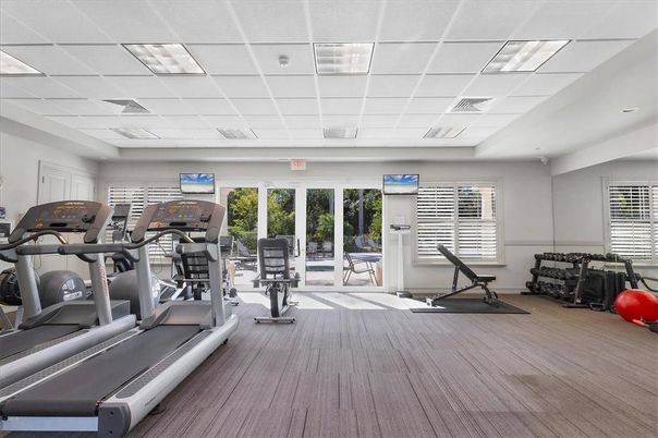 Fitness Equipment, Gym, Interior, Recessed Lighting, Wood Texture Flooring
