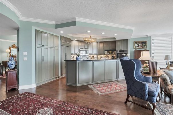 Chandelier, Interior, Kitchen, Recessed Lighting, Stainless Steel Appliances, Wood Texture Flooring