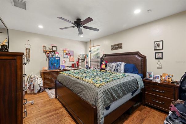 Bedroom, Interior, Recessed Lighting, Wood Texture Flooring