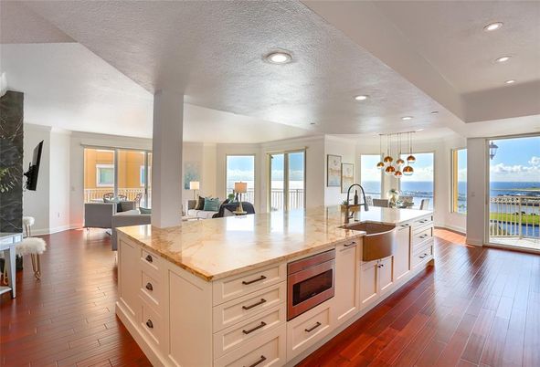 Interior, Kitchen, Pendant Lights, Recessed Lighting, Water, Wood Texture Flooring