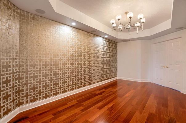 Chandelier, Empty room, Interior, Recessed Lighting, Wood Texture Flooring