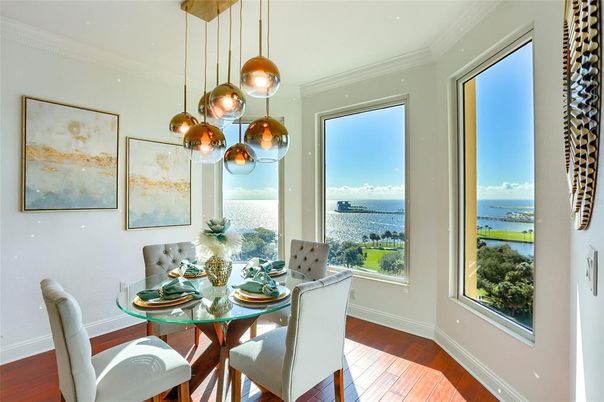 Dining room, Interior, Pendant Lights, Water, Wood Texture Flooring