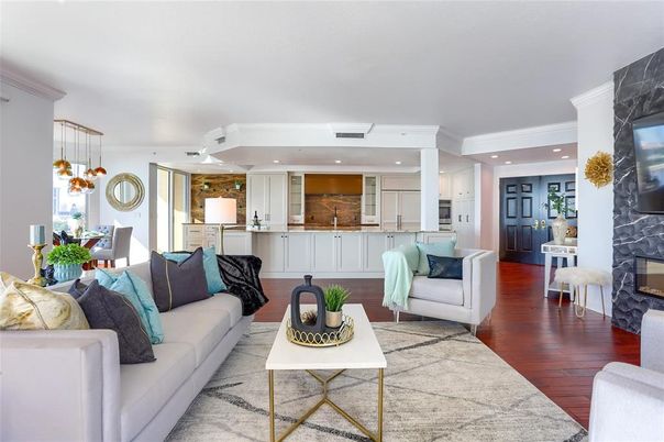 Dining room, Fireplace, Interior, Kitchen, Living room, Pendant Lights, Recessed Lighting, Wood Texture Flooring