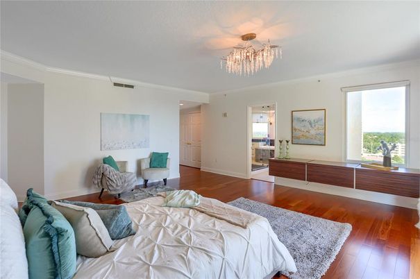Bedroom, Chandelier, Interior, Wood Texture Flooring
