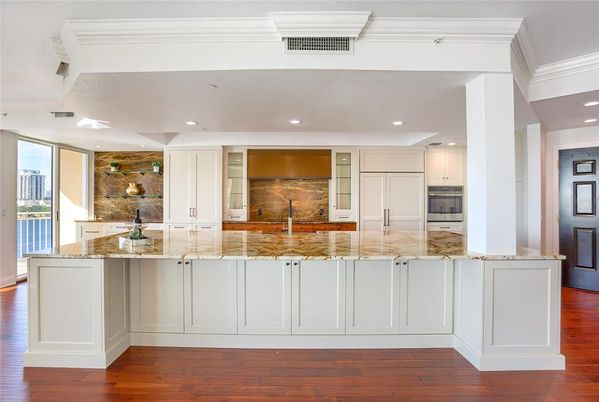 Interior, Kitchen, Recessed Lighting, Stone Walls, Wood Texture Flooring