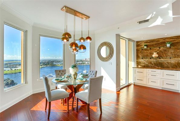 Dining room, Interior, Pendant Lights, Recessed Lighting, Water, Wood Texture Flooring