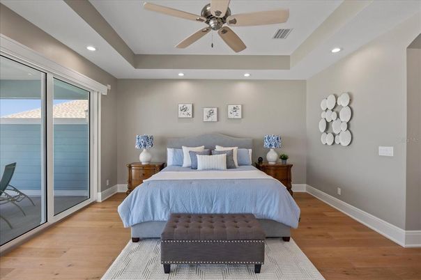 Bedroom, Interior, Recessed Lighting, Wood Texture Flooring