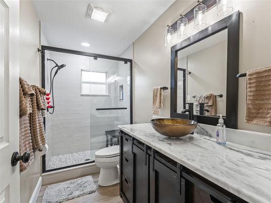 Bathroom, Glass Shower, Interior, Recessed Lighting, Wood Texture Flooring