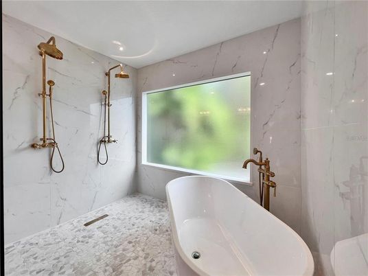 Bathroom, Free Standing Baths, Interior, Marble Walls, Recessed Lighting